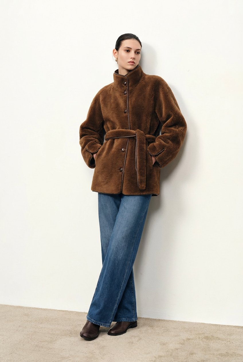 Carla Reversible Scarf Short Fur Coat in Merino Wool with Faux