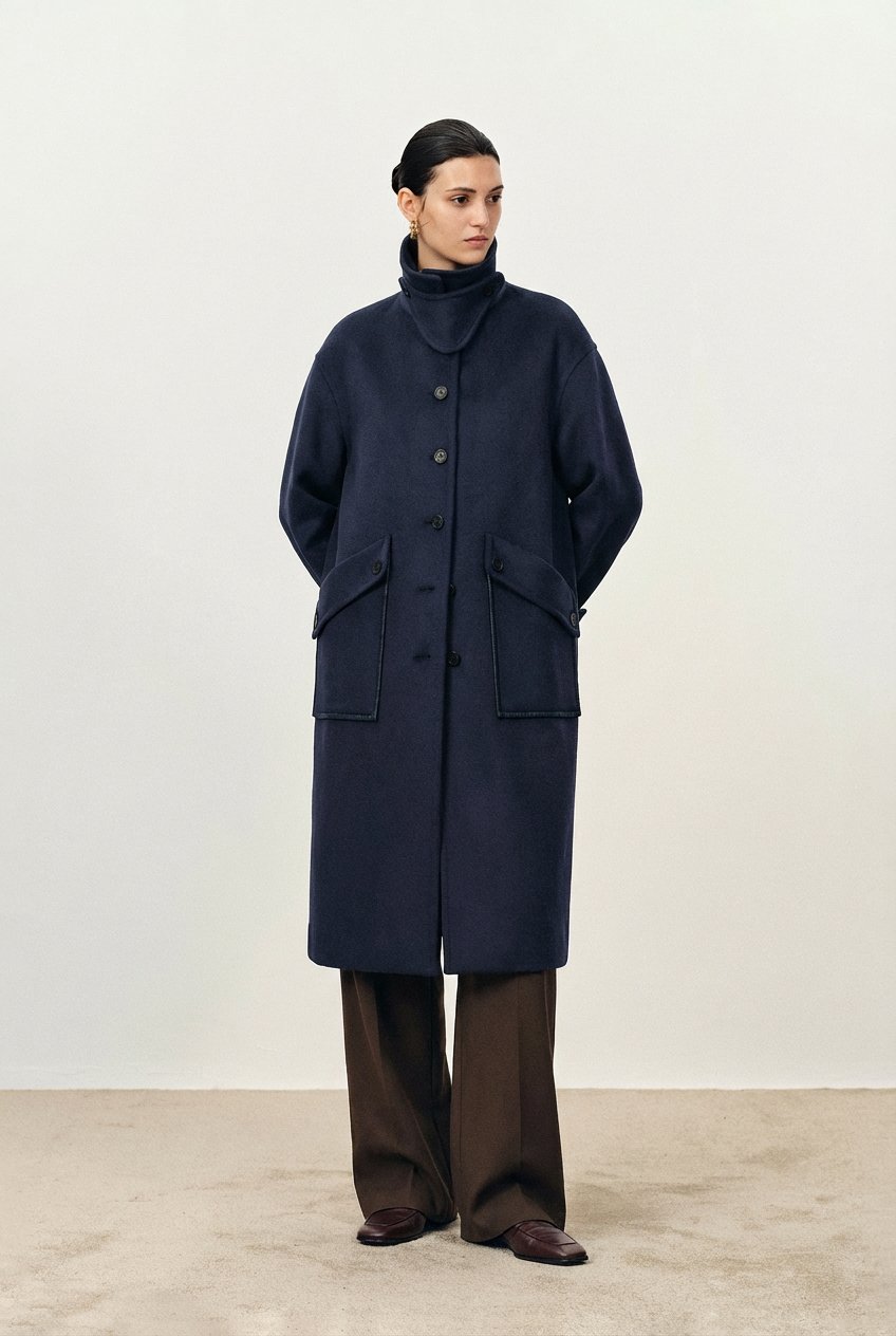 Theo Midnight Blue Trim Coat in Double Face Merino Cashmere – fbrq.com