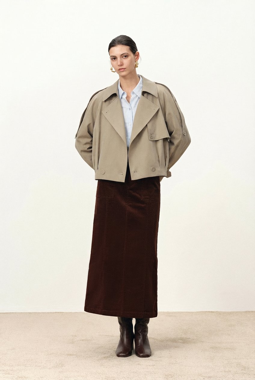 Elva Large Lapel Pleated Hem Short Trench Coat in Lightweight